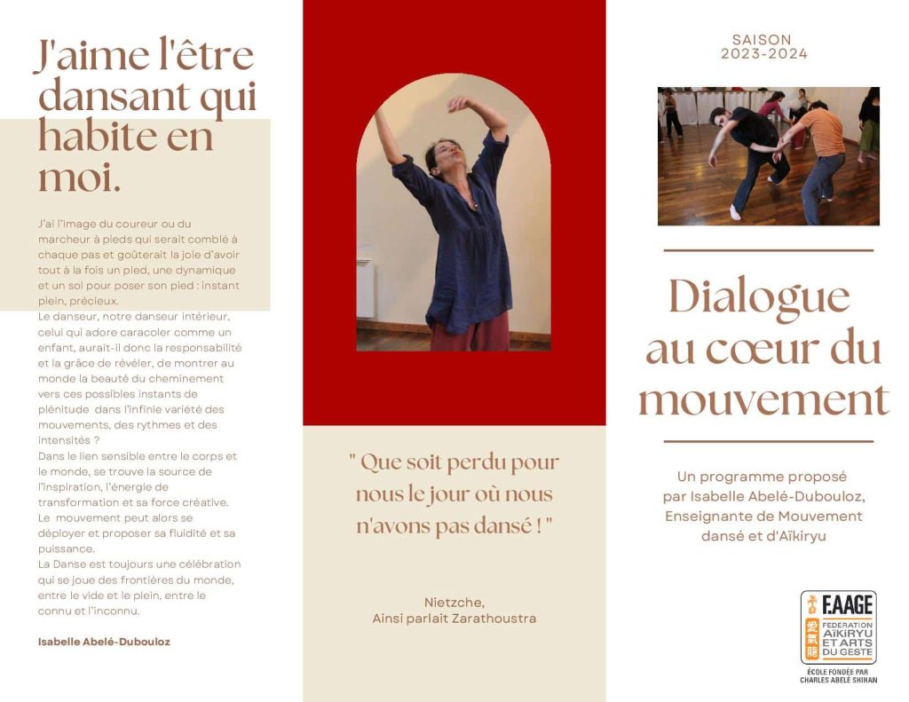 Programme d'Isabelle Abelé Dubouloz, enseignante de mouvement dansé, Aïkiryu.
